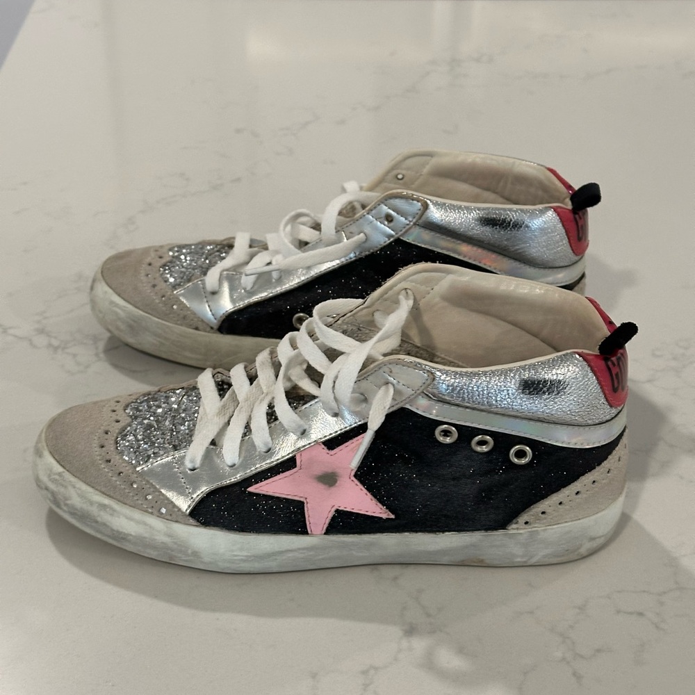 Golden Goose Pink and Silver Distressed Sneakers